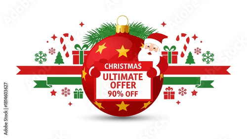 Christmas Ultimate Offer: Festive holiday season sales promotion graphic, featuring a vibrant Christmas ornament with Santa, ready to deliver incredible discounts.