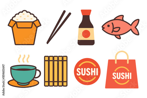 Colorful icon set of sushi elements: rice, fish, chopsticks, and more