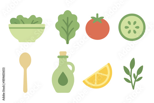 Colorful flat icons of fresh vegetables and kitchen items for healthy cooking