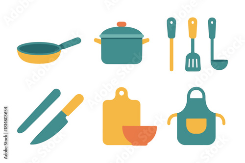 Colorful kitchen utensils and tools on white background in flat design