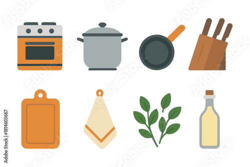 Modern kitchen essentials: cooking utensils and appliances set in flat design