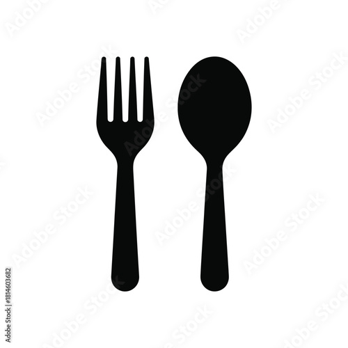 Black fork and spoon icon on white background, minimalist tableware illustration