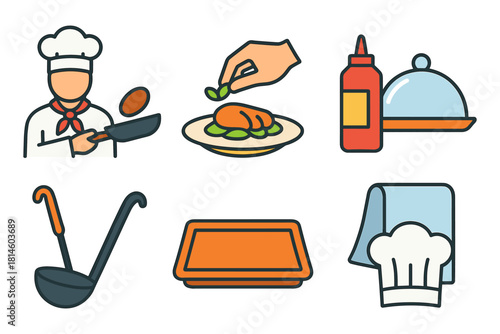 Flat style chef icons set featuring cooking tools and ingredients