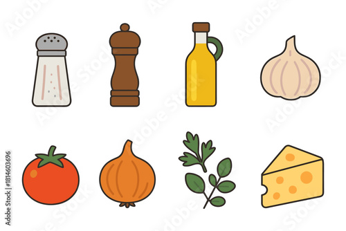 Set of cooking ingredients: cheese, herbs, garlic, and condiments in flat style