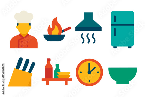 Colorful flat kitchen icons: chef, cooking, and appliances collection