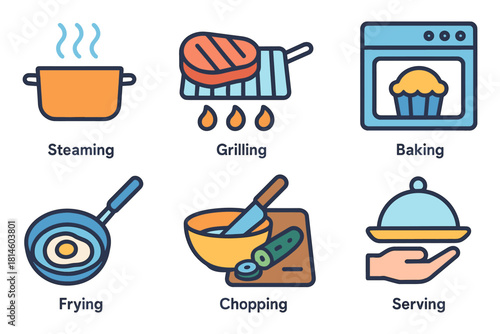 Cooking techniques set: steaming, grilling, baking, frying, chopping, serving