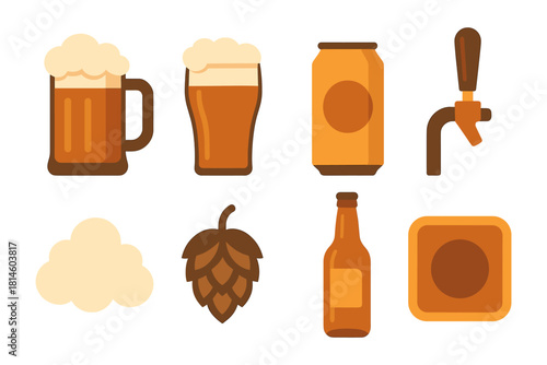Flat beer icons: craft brew elements with mug, bottle, tap, and hops