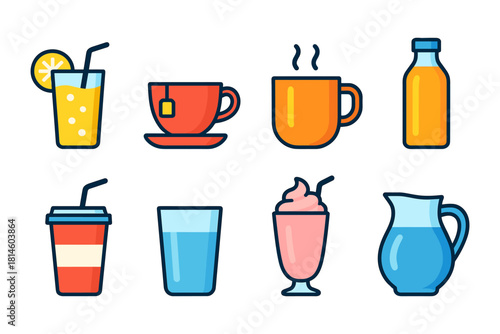 Colorful beverage icons set with flat design for refreshing concepts