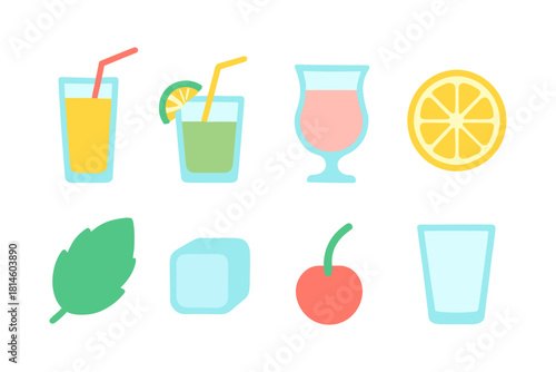Colorful flat style drink elements with glasses, ice, and fruit