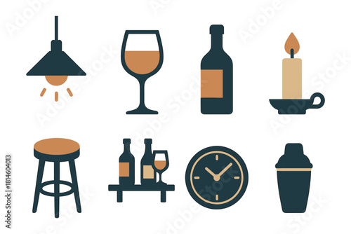 Flat icon set of bar elements: lamp, glass, bottle, candle, stool, shelf, clock, shaker
