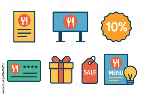 Colorful restaurant marketing icons with discount and sale tags