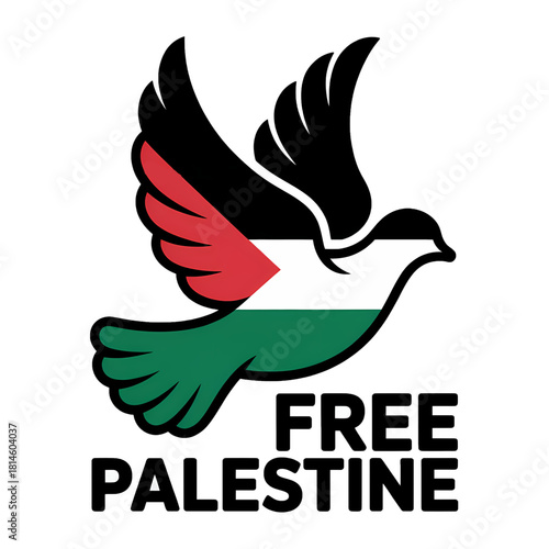 Symbol of peace and hope with Palestinian colors displayed on a dove conveying the message for freedom and justice for Palestine