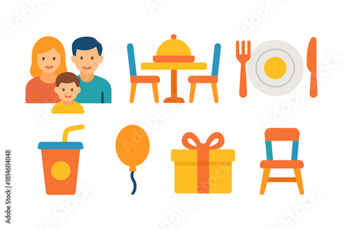 Family meal celebration with food, gifts, and decorations in flat design
