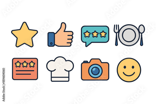 Colorful outline emoji and icon set for social media and culinary themes