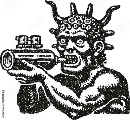 Mutant demon warrior aiming futuristic weapon, dark stipple vector illustration for scifi comic cover, poster and gaming graphic