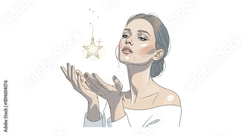 Starry-Eyed Enchantment: A beautiful woman gazes dreamily at a celestial ornament, conjuring a sense of wonder and grace.