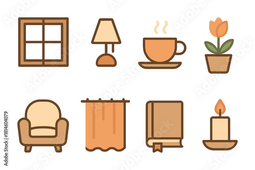 Cozy home essentials flat icons collection