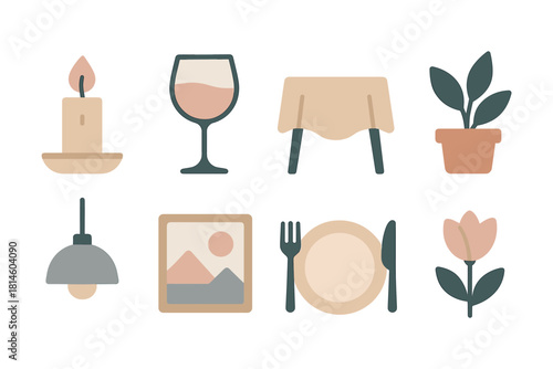 Minimalist home decor elements set with candles, plants, and tableware