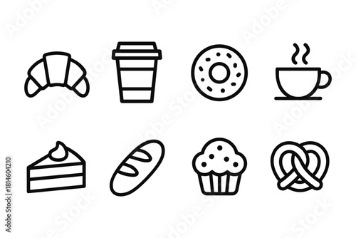 Simple line icons of popular bakery items and hot beverages