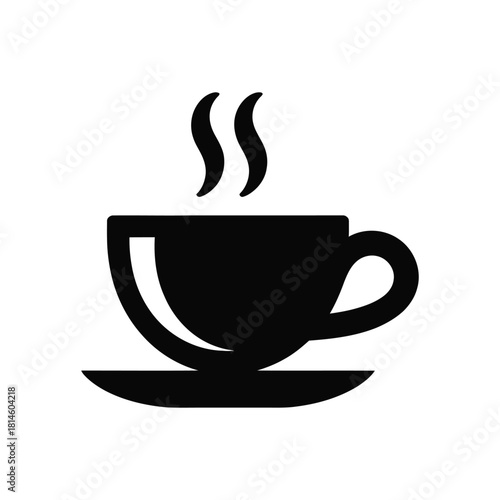 Black coffee cup with steam on saucer icon on white background