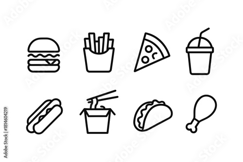 Minimalist fast food icons set: burger, pizza, soda, more