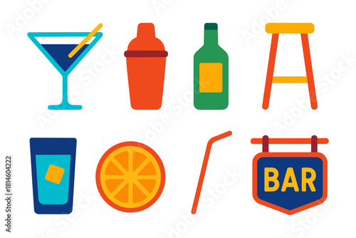 Colorful bar icons set featuring drinks, cocktail shaker, bottle, and stools