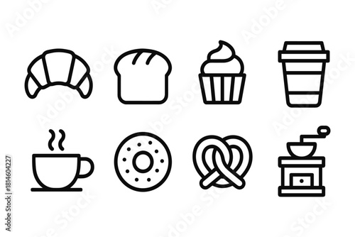Simple linear icons of bakery and coffee shop items in black and white