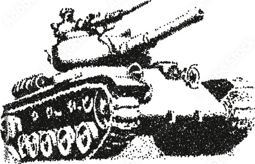 Military tank vector illustration in profile view with heavy armor and gun barrel in stipple dotwork style
