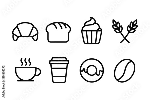 Line art bakery and coffee icons: bread, croissant, cupcake, coffee, donut