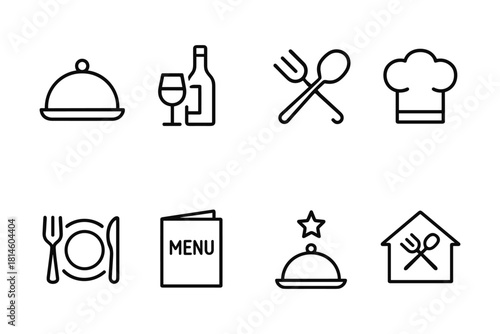 Minimalist restaurant icons: chef hat, cutlery, wine, menu and serving dish collection