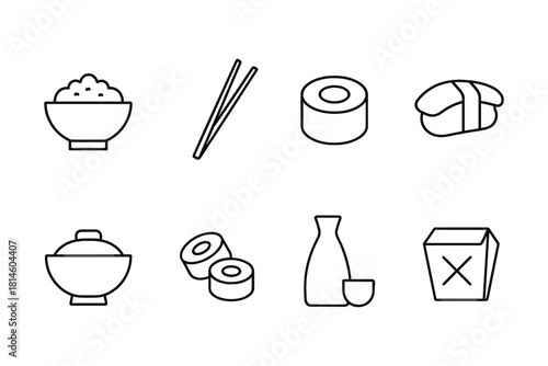 Minimalist outline icons of asian cuisine including sushi and noodles