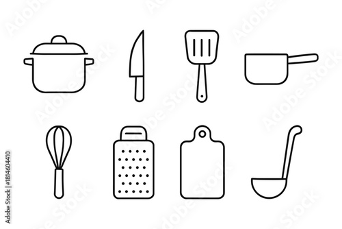 Minimalist linear cooking utensils: essential kitchenware icons set in black and white