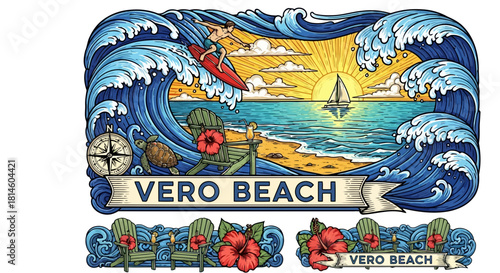 Vero florida beach vintage style illustration with surfer and wave incredible T-Shirt Design vectors