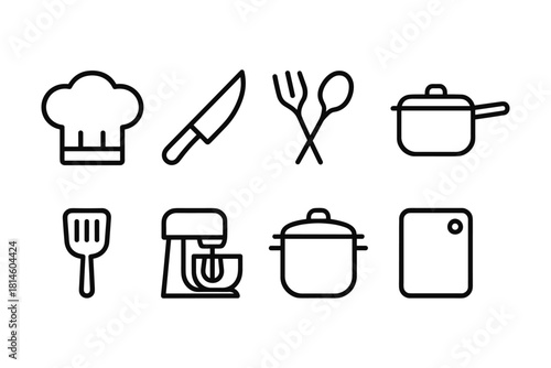 Minimalist kitchen tools icons set featuring chef hat, utensils, and cookware