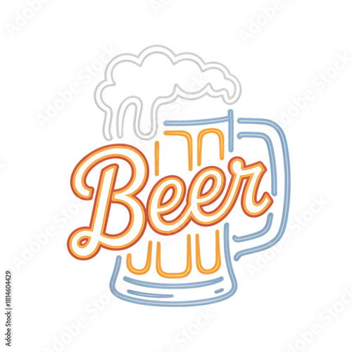 A neon design of a cold beer with a creamy foam topping at a summer gathering outdoors