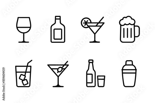 Minimalist cocktail and drink icon set featuring wine, beer, and spirits