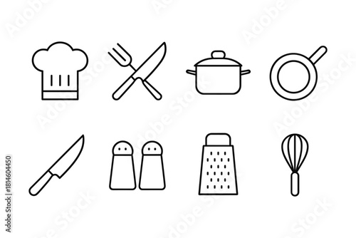 Essential kitchen tools icon set in minimalist linear style