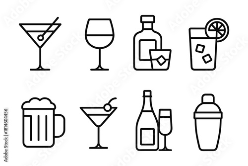 Minimalist outline icons of various alcoholic drinks and glassware