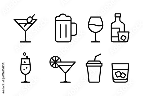 Minimalist outline icons of various drinks including cocktails and beer glasses