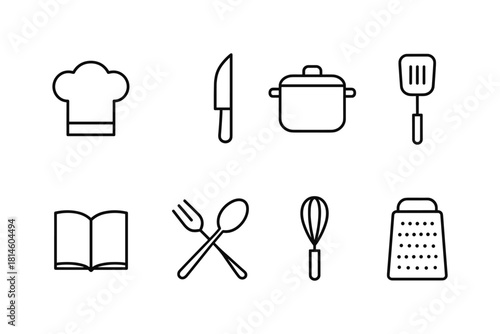 Minimalist kitchen utensils icons: chef hat, knife, pot, spatula, cookbook, cutlery, whisk, grater
