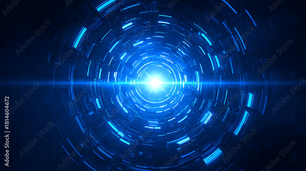 Fototapeta premium Radiant blue circular tunnel with glowing core and light streak abstract background