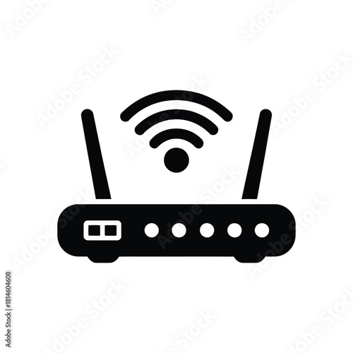 Black and white icon of a wireless router on a white background