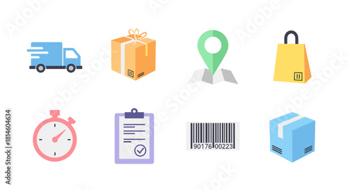 Colorful flat style icons of delivery and logistics elements for e-commerce