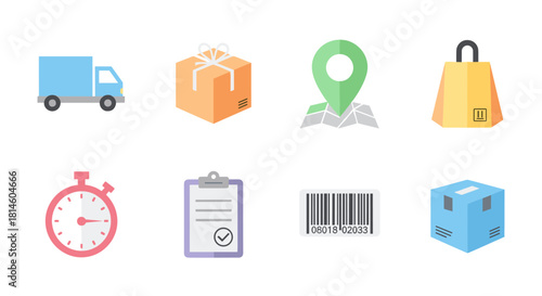 Logistics and delivery icons set featuring parcel, truck, and map pin elements in flat style