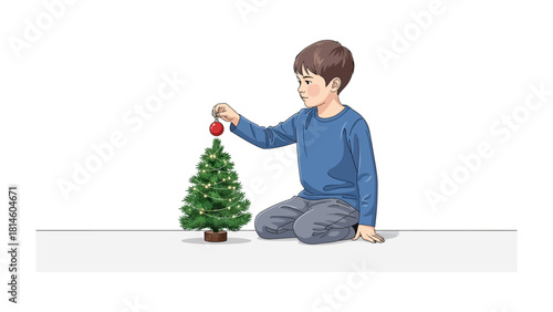 A Child Adorning a Miniature Festive Fir: A young child focuses with tender care on placing a festive bauble atop a miniature Christmas tree, a scene of holiday joy and family traditions.