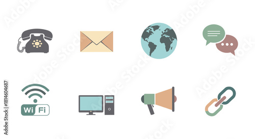 Flat style communication icons set with earth, wi fi, and megaphone
