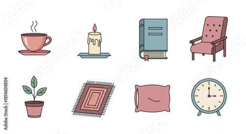 Cozy home elements: tea, candle, armchair, and more in flat design