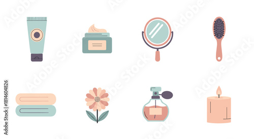 Minimalist beauty and wellness icons: skincare and aromatherapy essentials