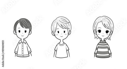 Cute cartoon children characters in monochrome style on white background