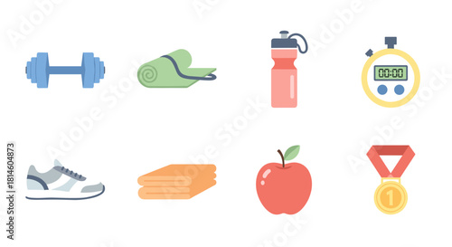 Fitness essentials collection featuring dumbbell, yoga mat, water bottle, stopwatch, and more